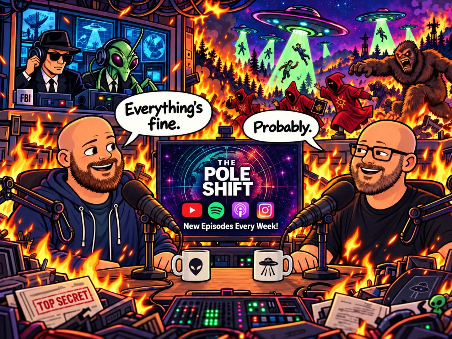 Illustration of Dan and Ed recording The Pole Shift at their microphones in a playfully chaotic studio.